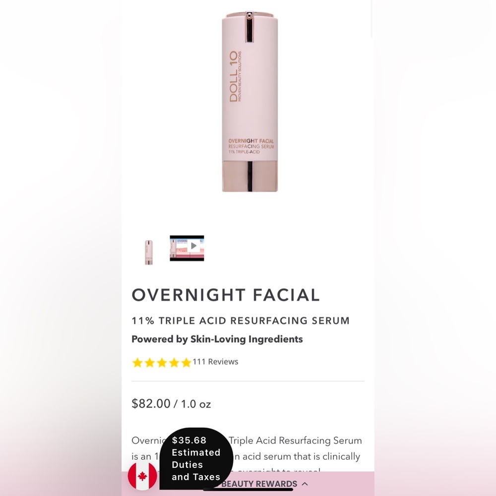 Doll 10 smooth assist overnight facial 11% triple acid resurfacing serum